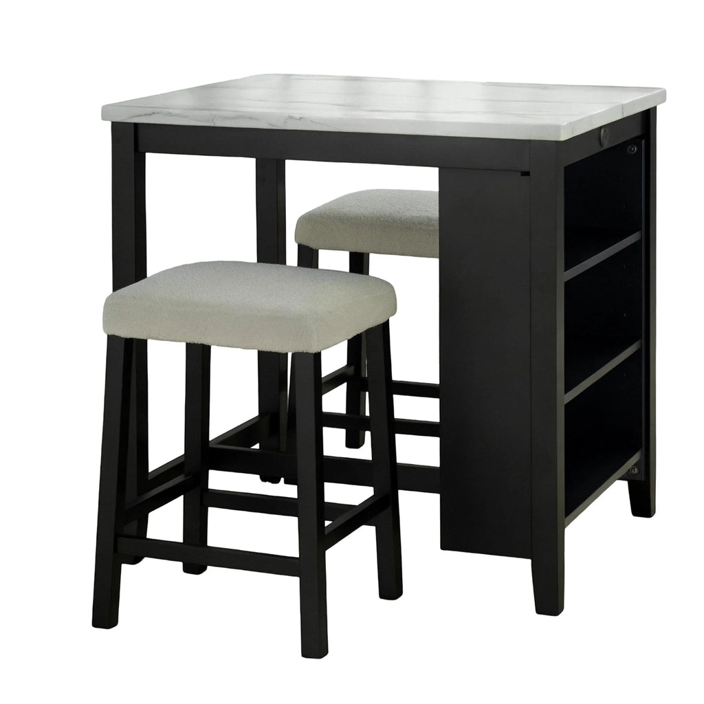 3-Piece Dining Set with Storage Shelves and 2 Stools in Black, Ivory, and White