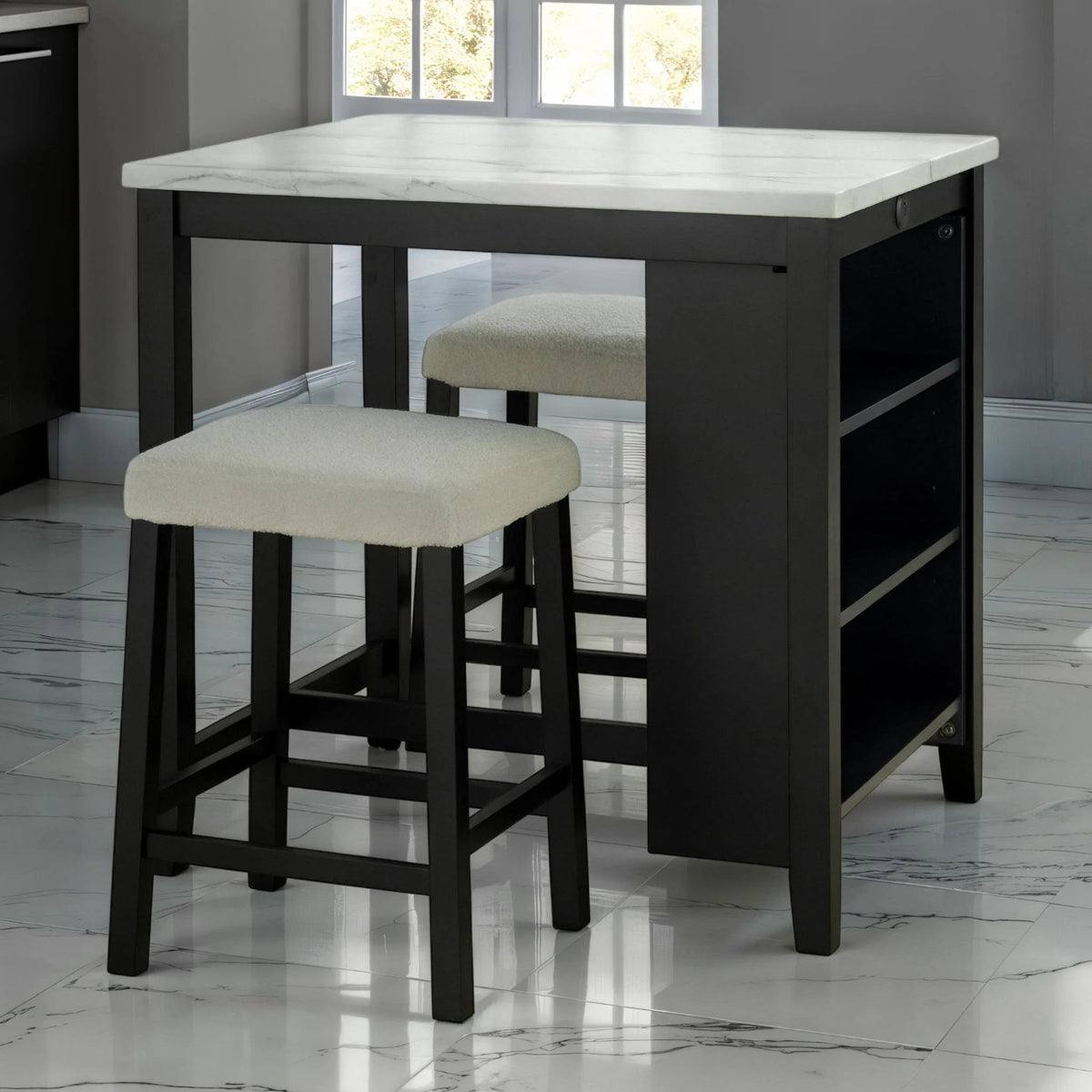 3-Piece Rectangular Dining Set with Storage and 2 Stools