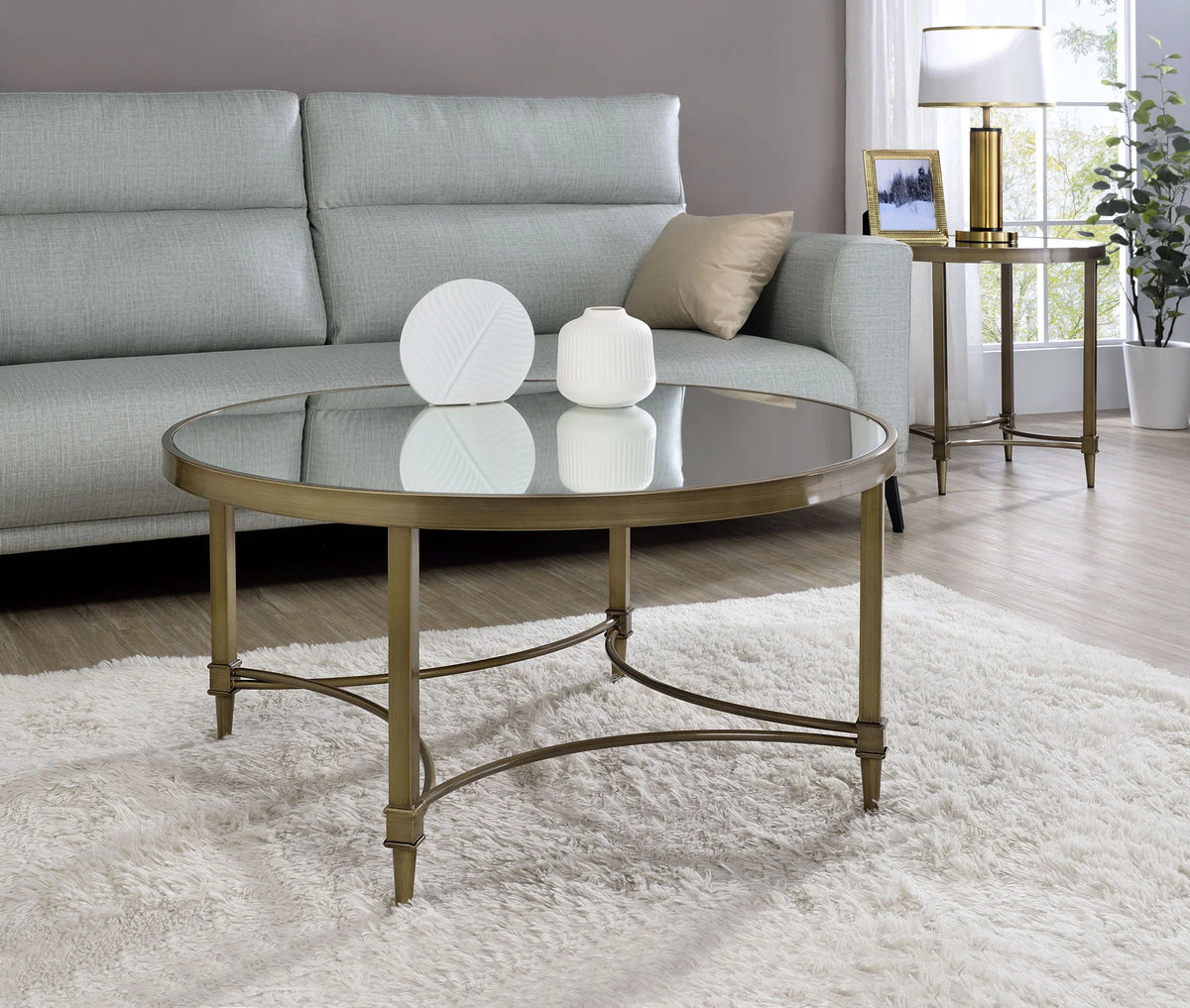 Antique brass coffee table with mirrored top and shelf