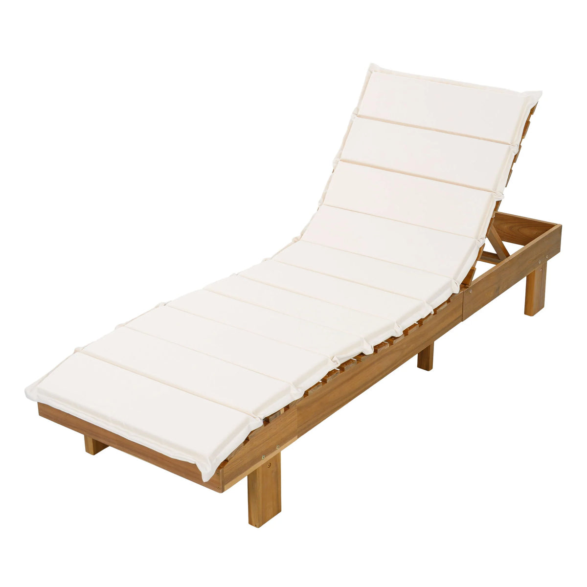 Beige Teak Chaise Lounge with Multi-Fold Cushion for Outdoor Patio