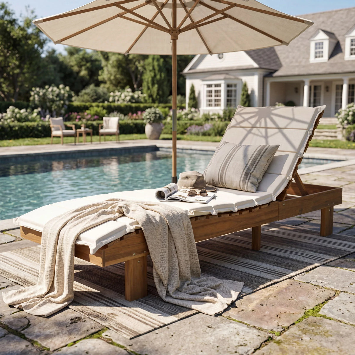 Beige Teak Chaise Lounge - side view
