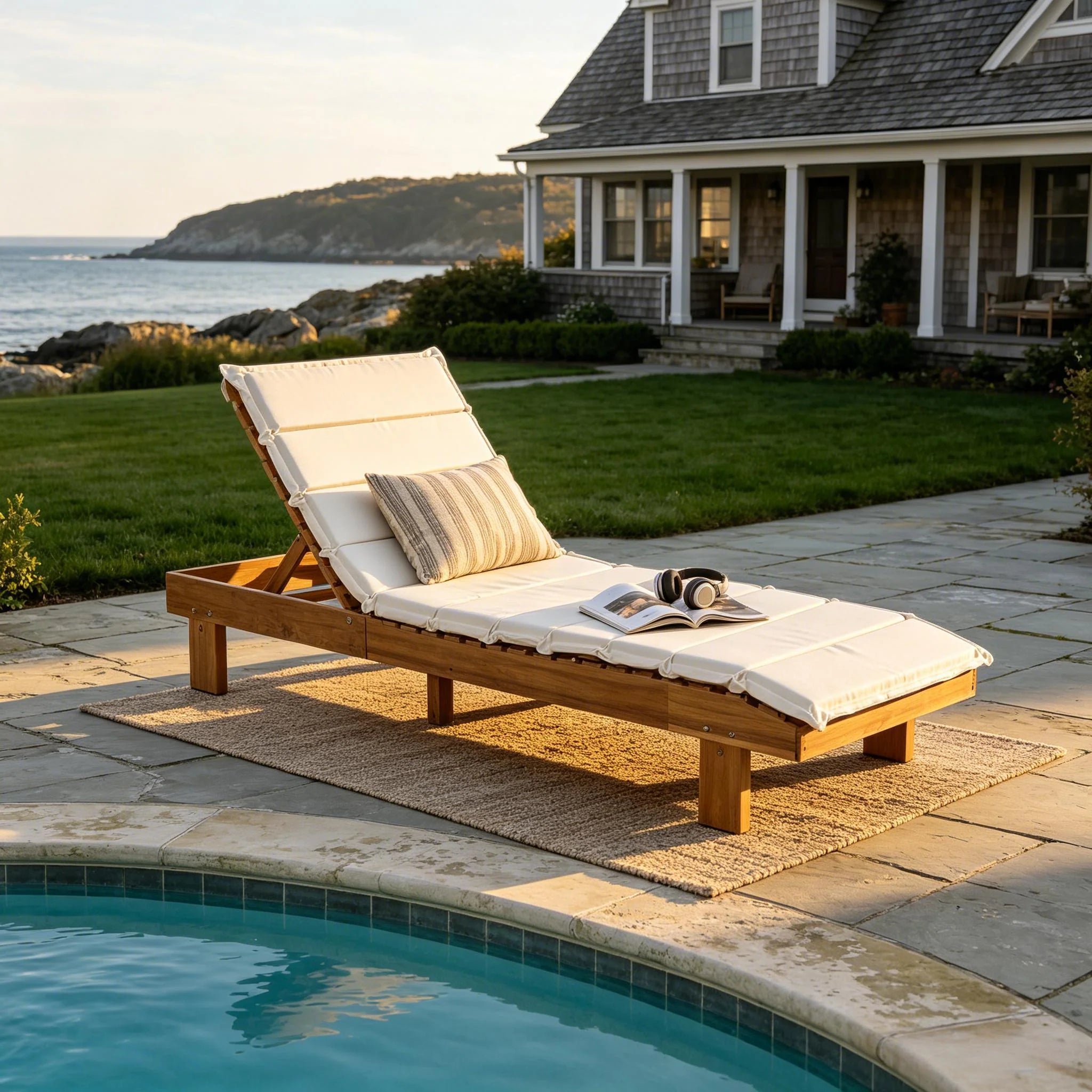 Beige Teak Chaise Lounge - cushion detail