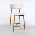 Set of two beige upholstered counter height bar stools with mid-century modern metal frames