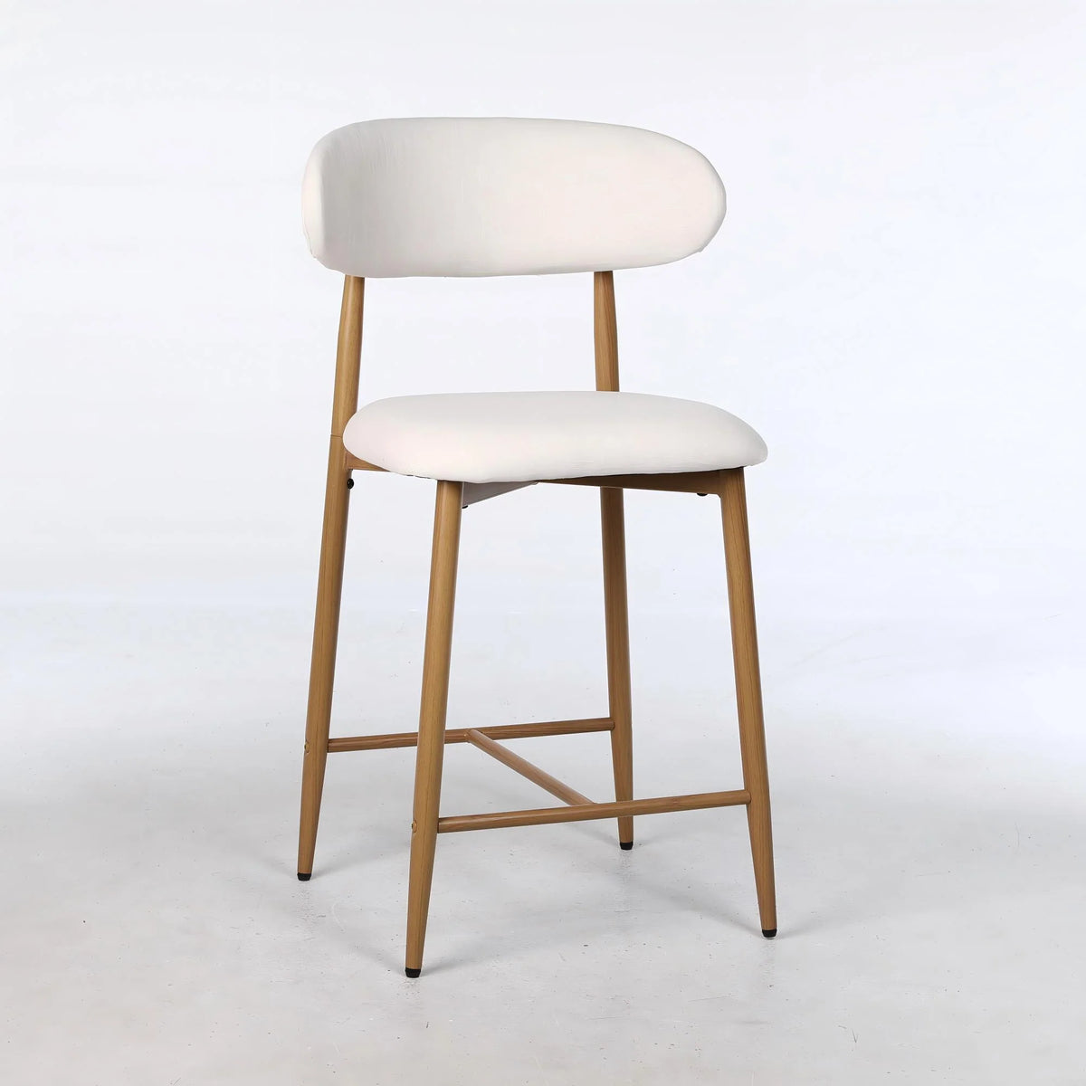 Set of two beige upholstered counter height bar stools with mid-century modern metal frames