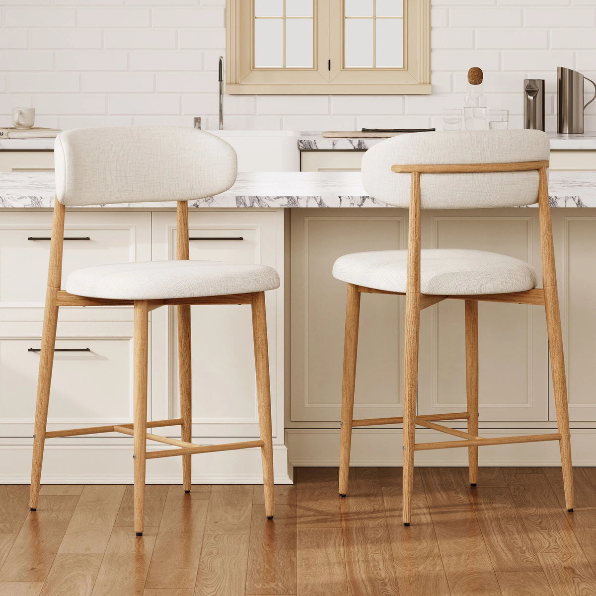 Beige Upholstered Counter Height Bar Stools - Set of 2