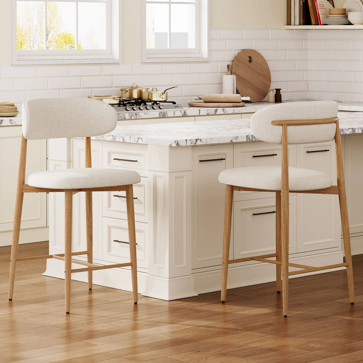 Beige Upholstered Counter Height Bar Stools - Set of 2