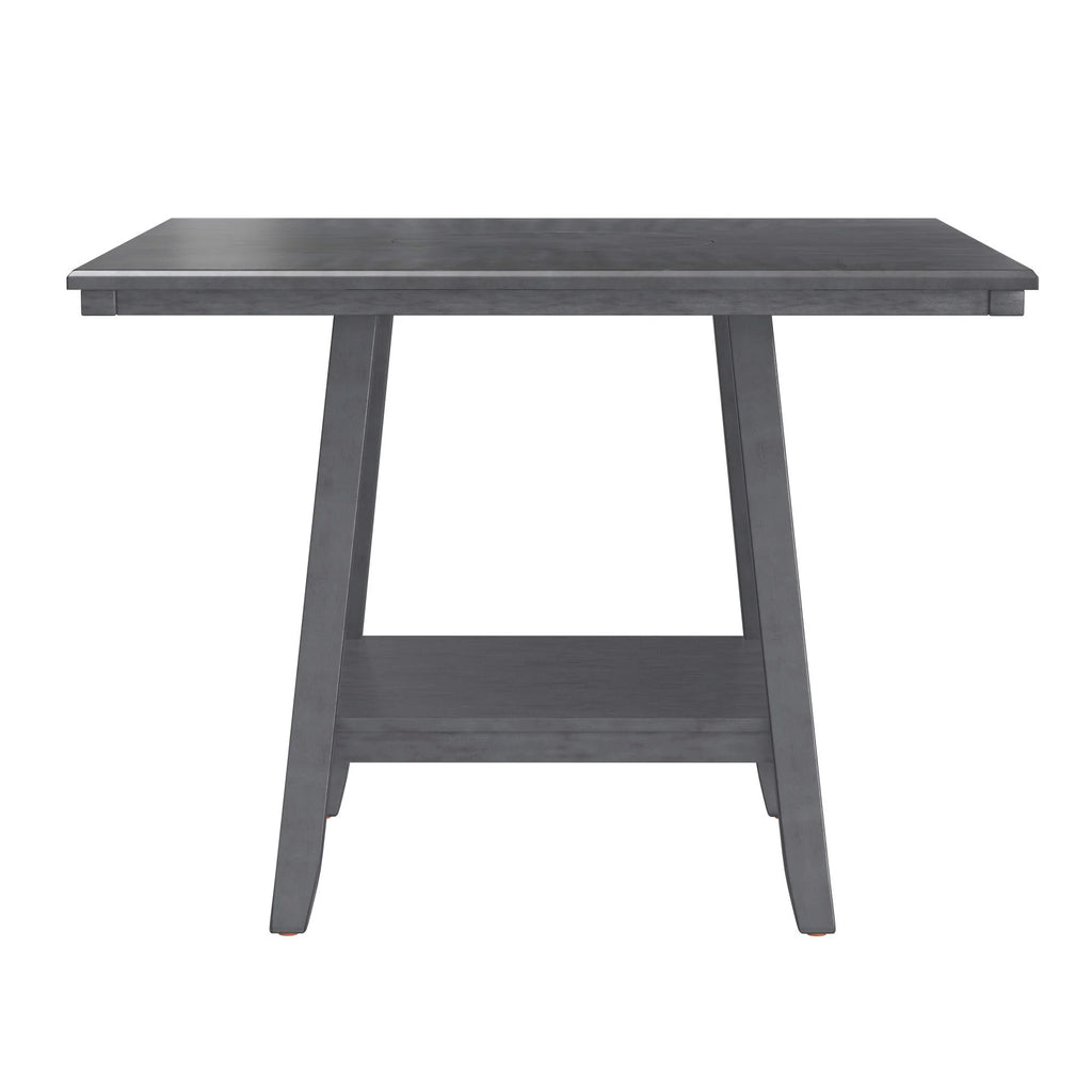 Gray square counter-height dining table with tapered base and lazy Susan