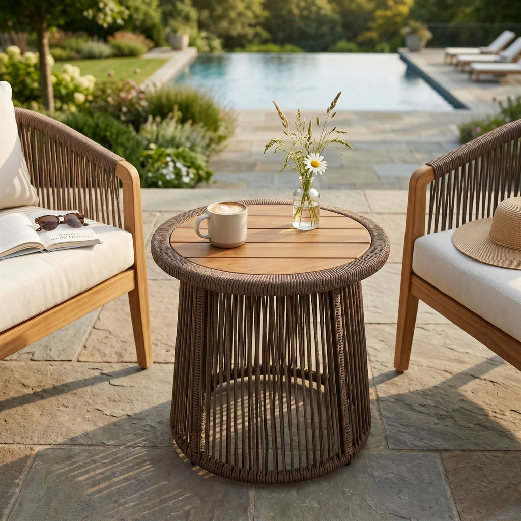 Conical Woven Rope Teak Side Table - side view