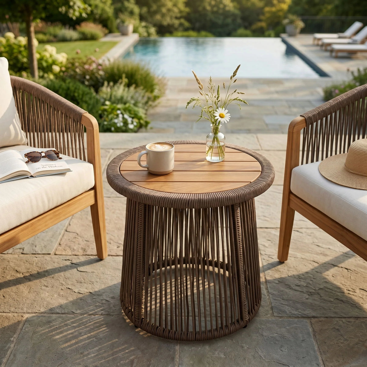 Conical Woven Rope Teak Side Table - side view