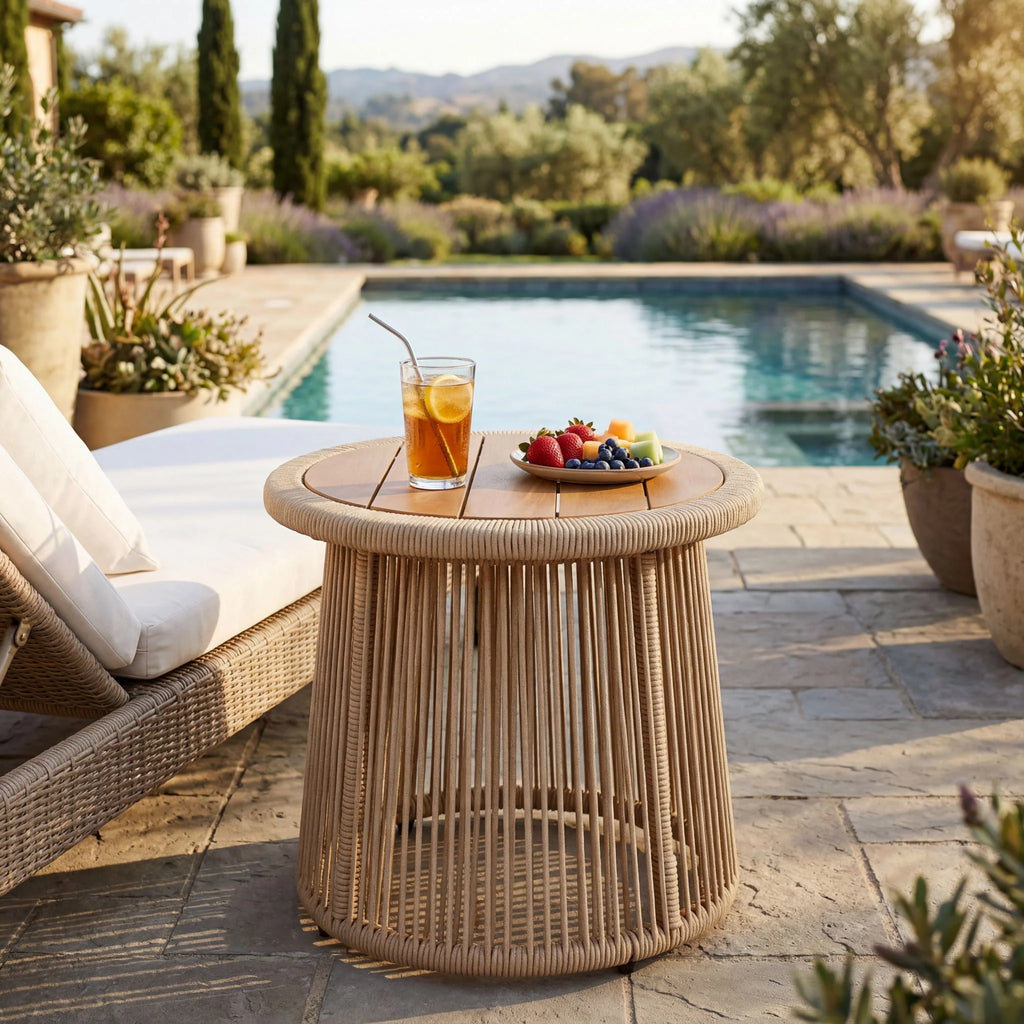 Conical Woven Rope Teak Side Table - in use