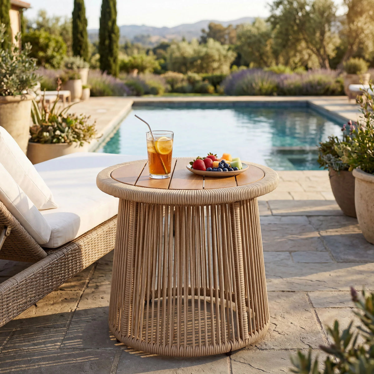 Conical Woven Rope Teak Side Table - in use