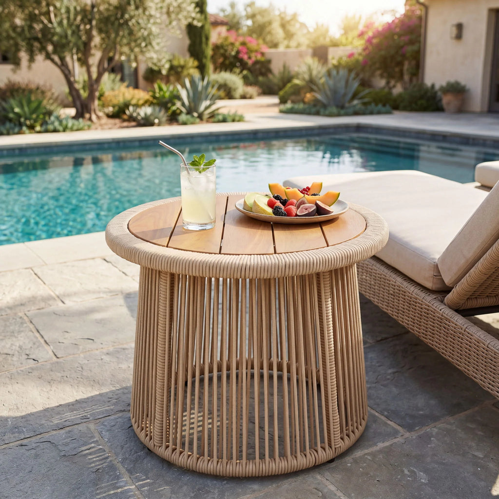 Conical Woven Rope Teak Side Table - angle view