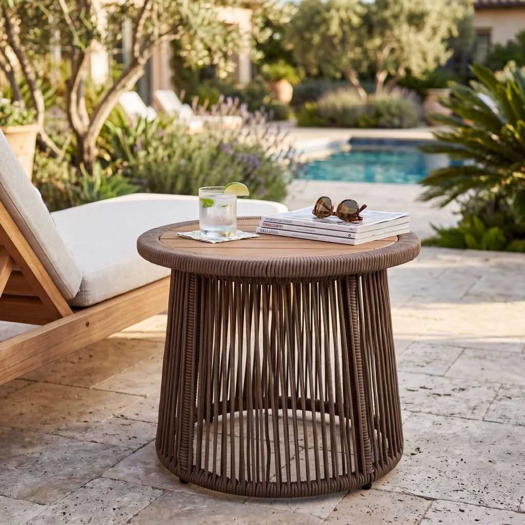 Conical Woven Rope Teak Side Table - full view