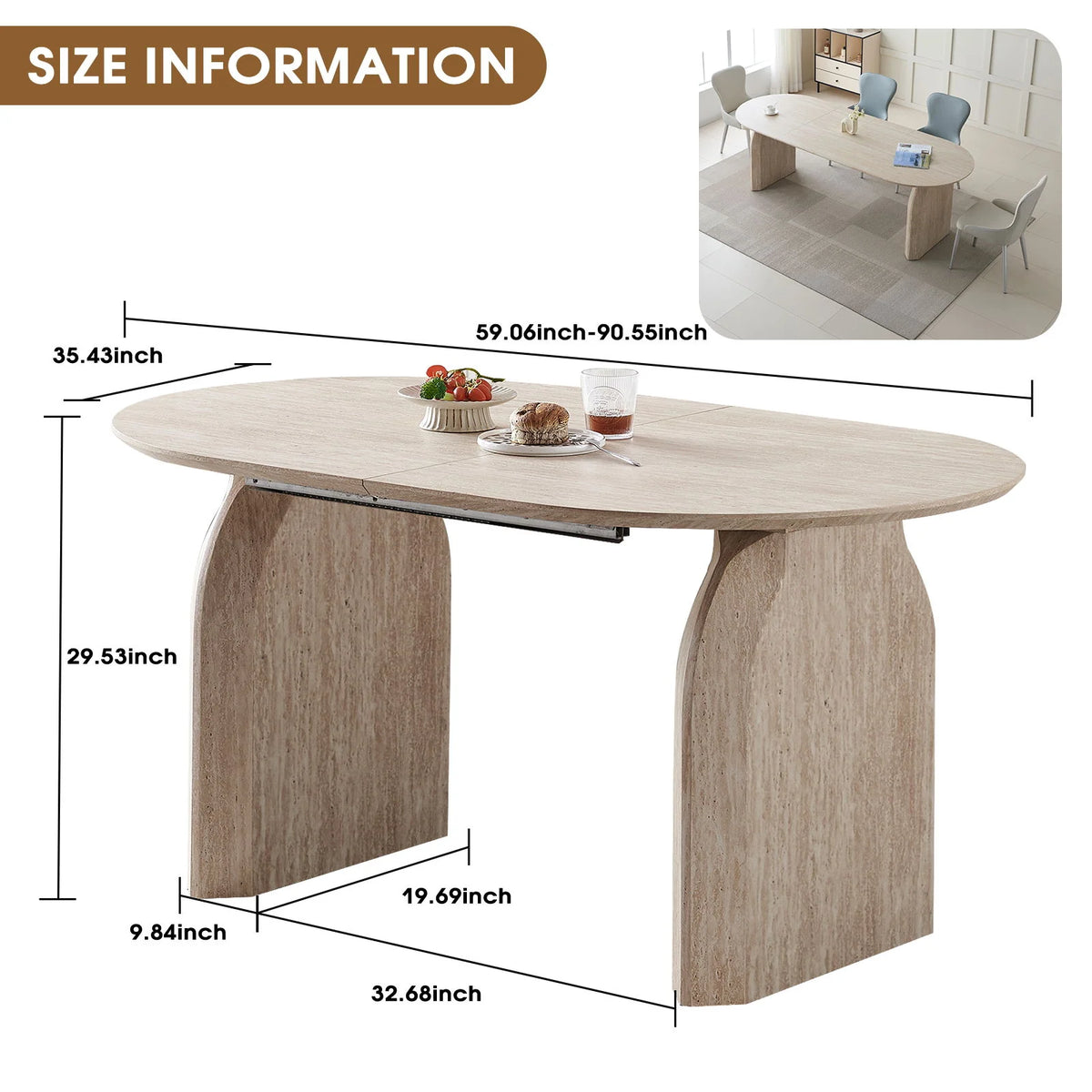 Off White Oval Extendable Dining Table - extended view