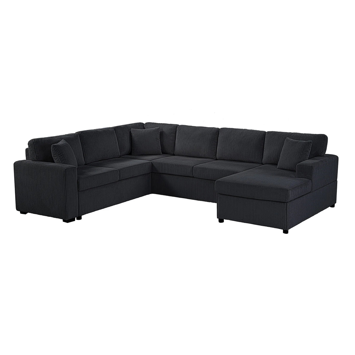 U-shaped corduroy sectional sofa with chaise lounge and pillows in living room