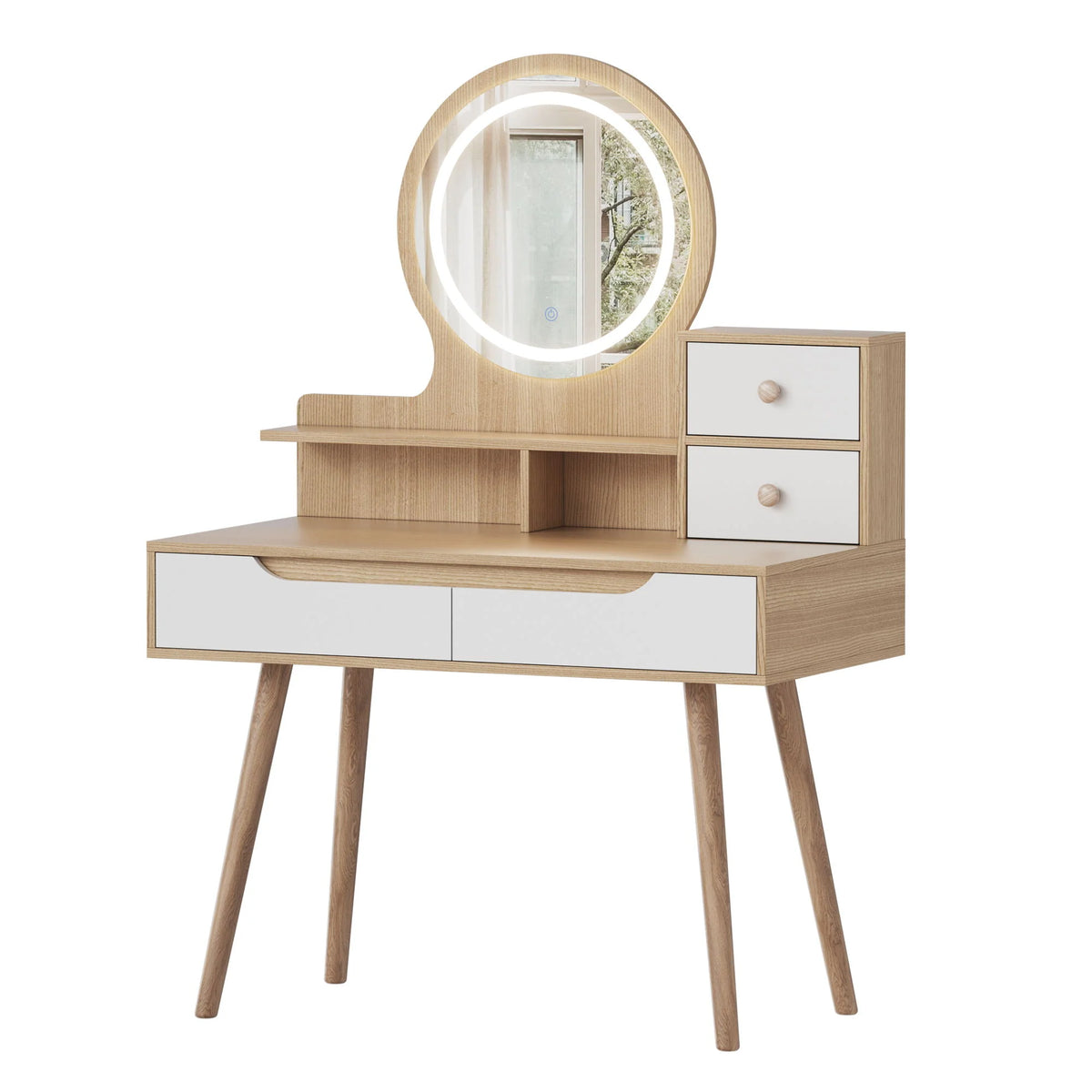 Makeup Vanity Desk with Lighted Mirror in American White Oak