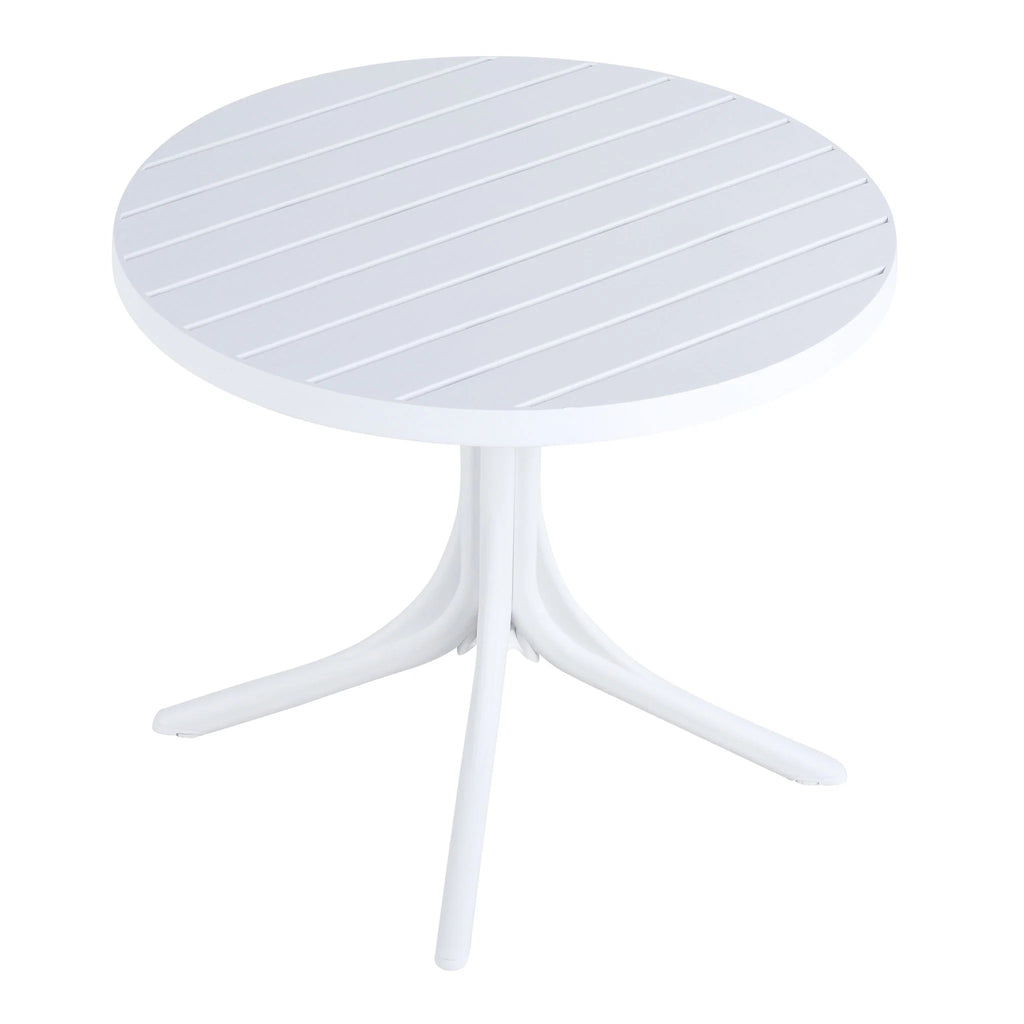 White round table, modern outdoor dining